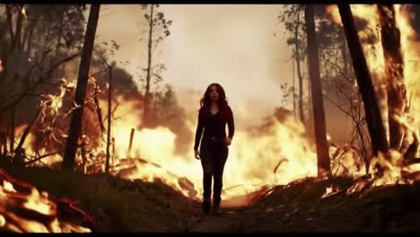 a determined figure strides through a fiery inferno, embodying strength and resilience amid the chaos of a burning forest surrounded by flames