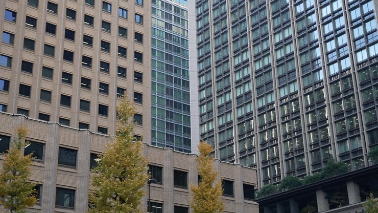 Moderni grattacieli di vetro e alberi di ginkgo gialli nel quartiere finanziario di Tokyo