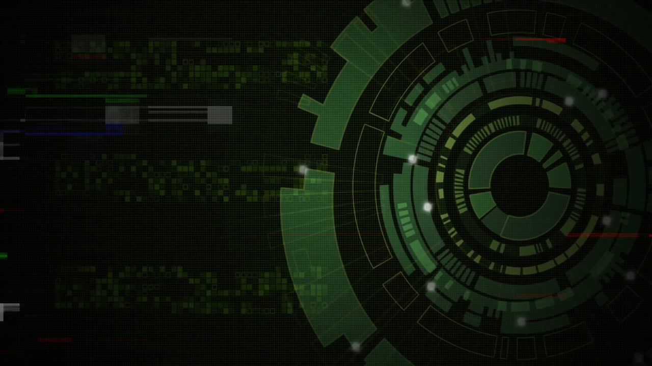 Rotating elements and data processing in futuristic green digital interface animation