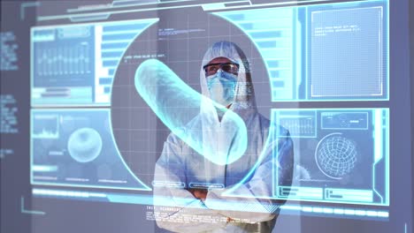 animation of scientist standing behind interactive screen with medical data processing