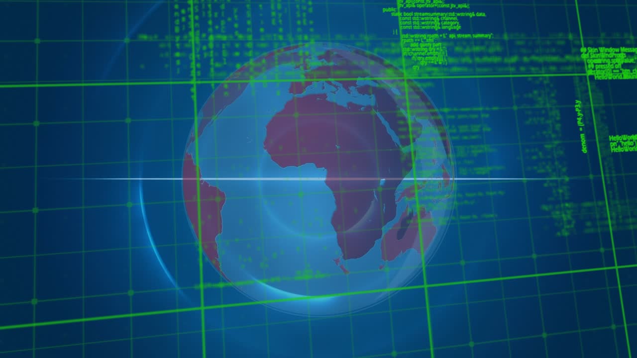 Animation of digital city over data processing and globe on black background