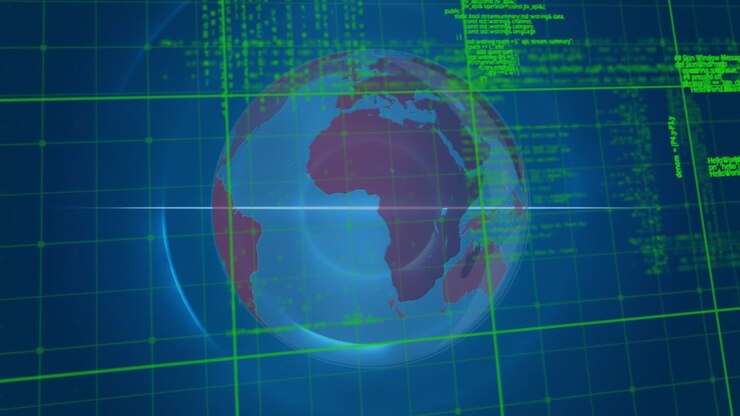 Animation of digital city over data processing and globe on black background