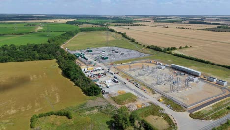 cinematic aerial shot of electrical transformer station and power cables in biggleswade