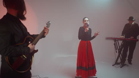 keyboardist in a black outfit playing a red sampler, a vocalist in a black and red gown singing, and a guitarist playing a red guitar against a grey background