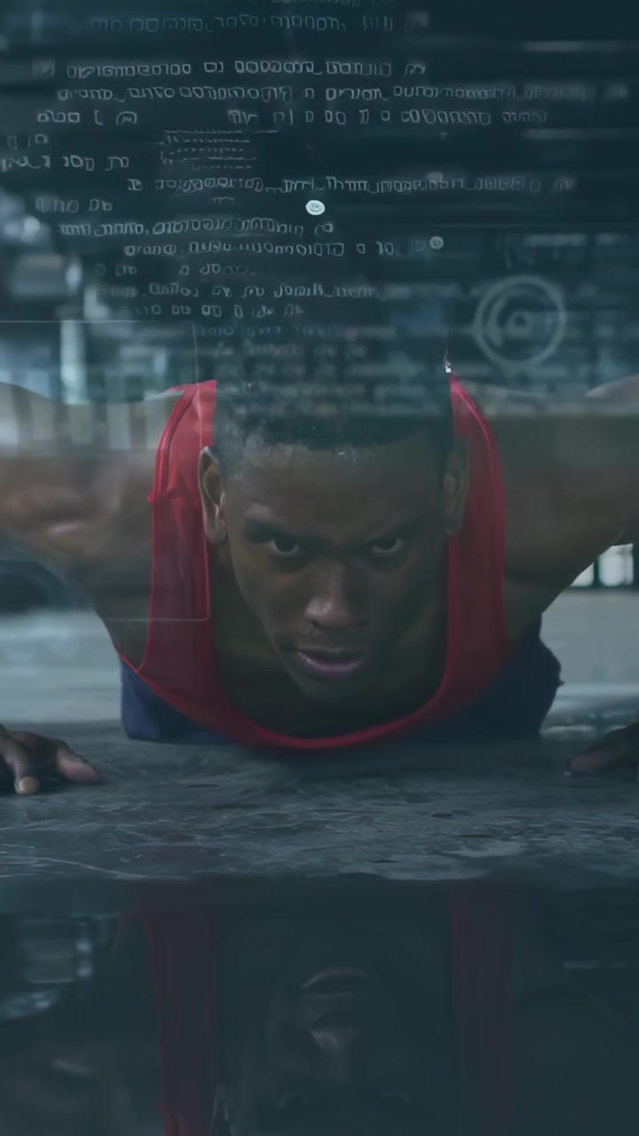 Gazing at reflection, fit man powering explosive push-ups on gym floor, red tank top, HUD tracking