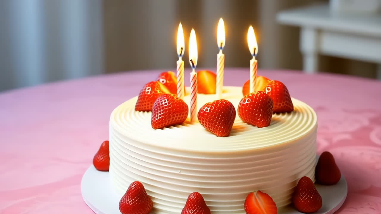 Delicious Strawberry Birthday Cake with Lit Candles