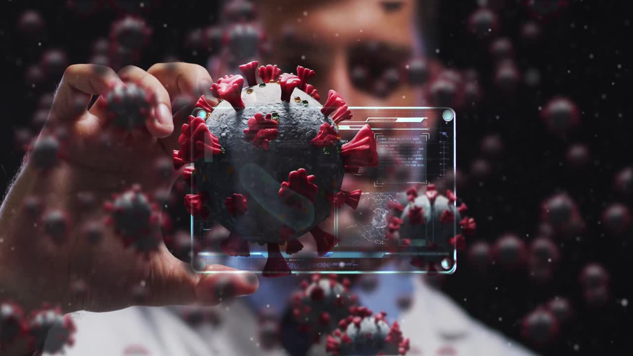 animación de células de covid-19 sobre la pantalla de sujeción del hombre con procesamiento de datos médicos