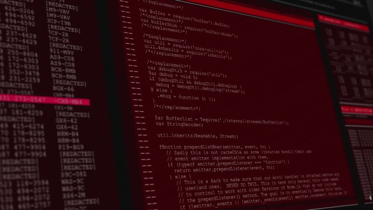Animation of data processing on red computer screens