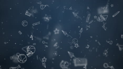 school supplies symbols floating are located randomly. seamless looped 4k animation on dark blue background.