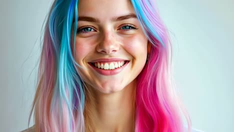 a woman with pink and blue hair smiling at the camera