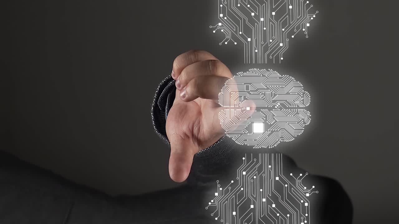 Man showing futuristic brain hologram with his finger, close up view