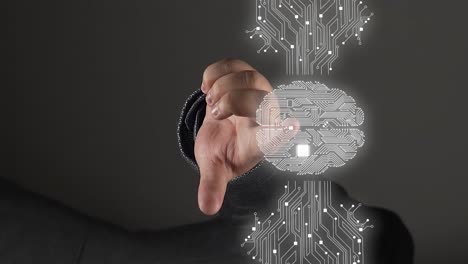 hombre que muestra un holograma cerebral futurista con el dedo, vista de cerca