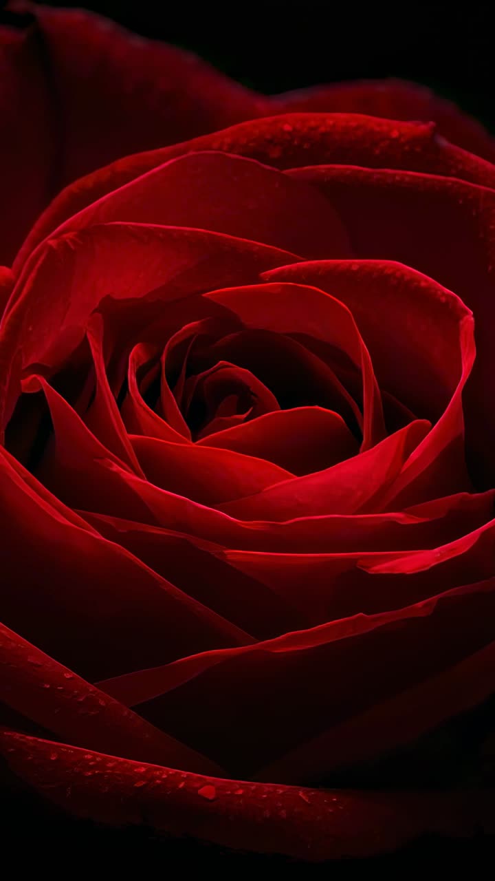 Video verticale: la camera si avvicina, mostrando una rosa rossa in studio per rivelare la spirale dei petali e la rugiada
