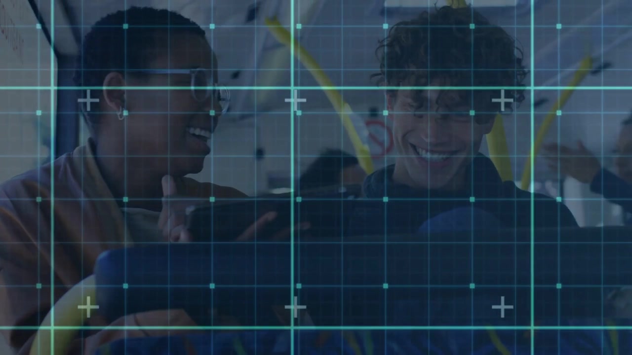 Woman turning toward man and starting talk on bus, HUD grid scanning across frame, sharing laugh