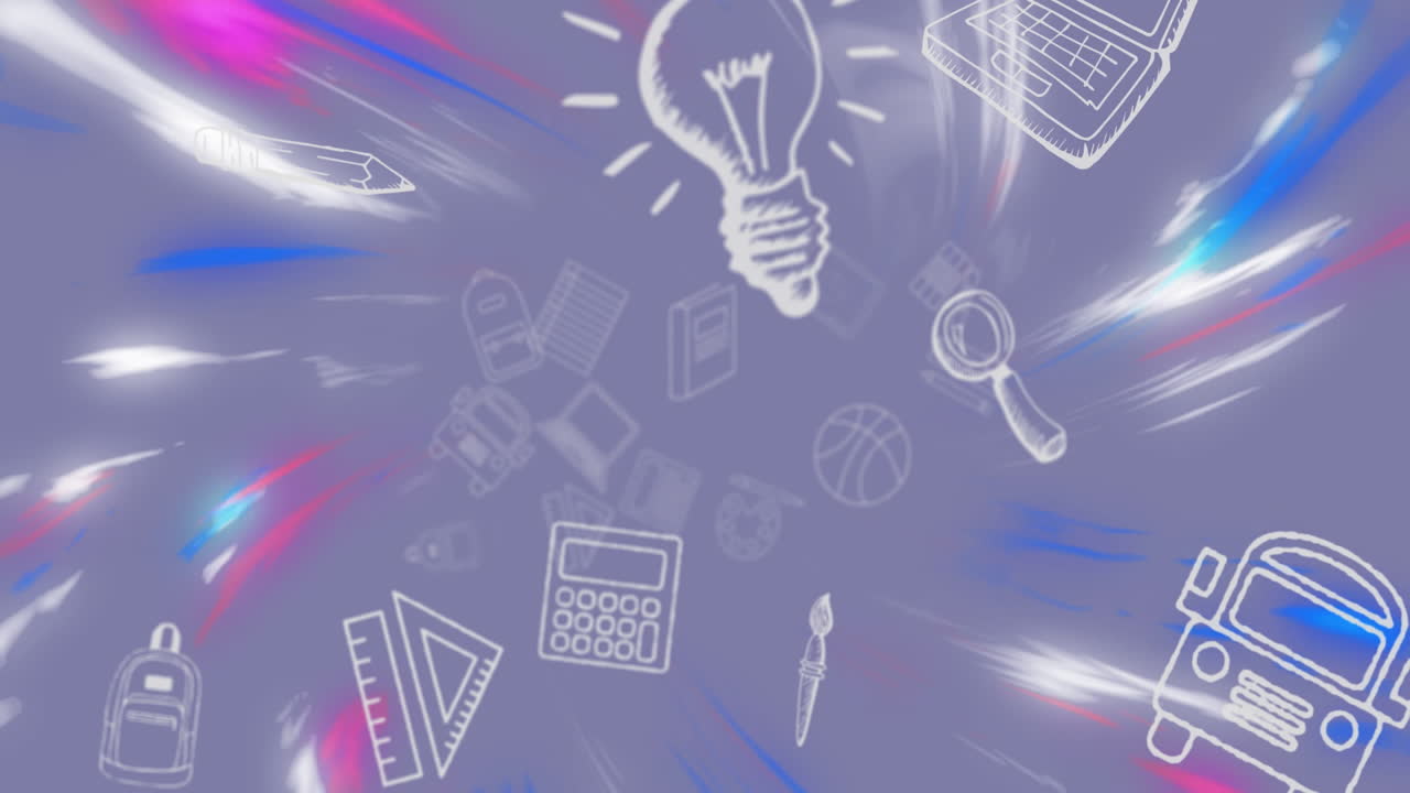 animación de iconos educativos sobre senderos de luz sobre un fondo púrpura