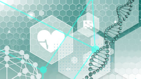 animation of dna strand and heartbeat monitor with data processing flowing on green background