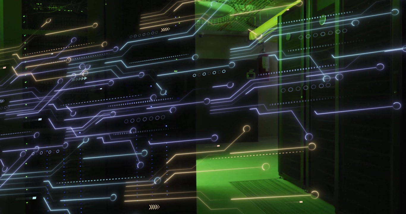 Animation of data processing and shapes over server room