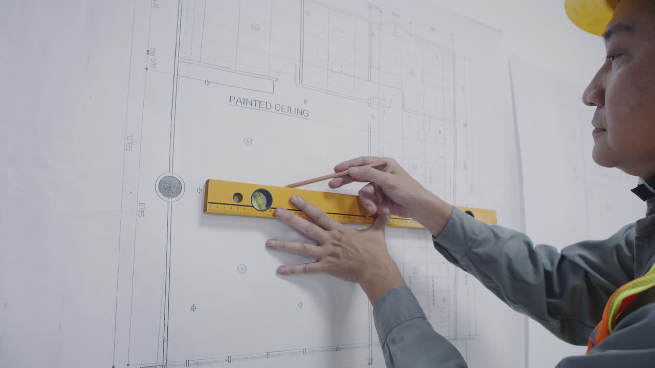 Asian Foreman Using Construction Level while Editing Blueprint