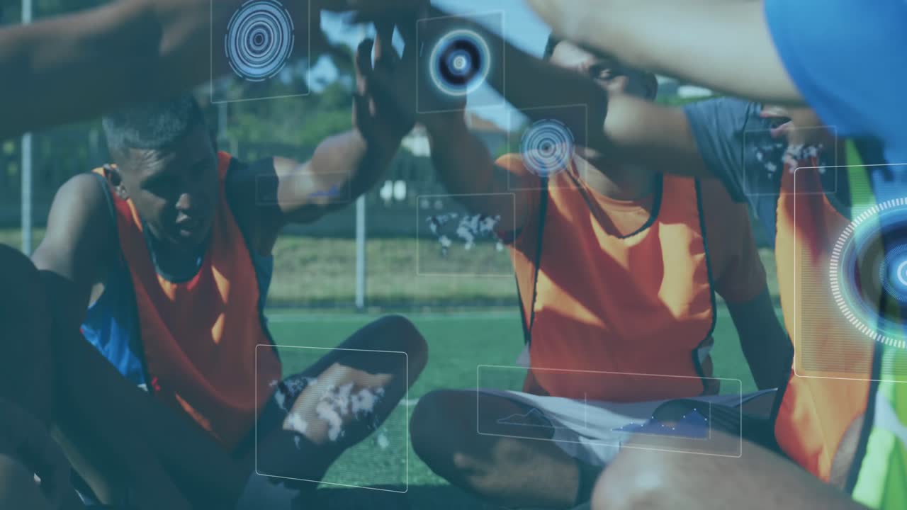 ⁇ 드 스택을 만드는 남성 축구 선수 팀에 대한 데이터 처리와 디지털 인터페이스