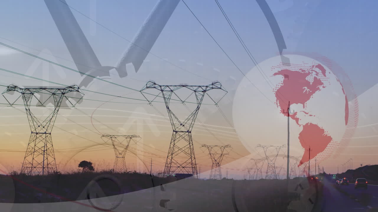 animación del globo y los engranajes sobre los pilones