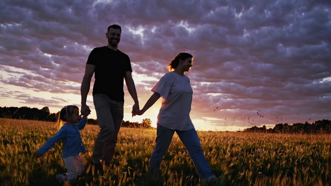 Low-angle video shot of a family walking through a sunlit field at sunset, capturing long shadows