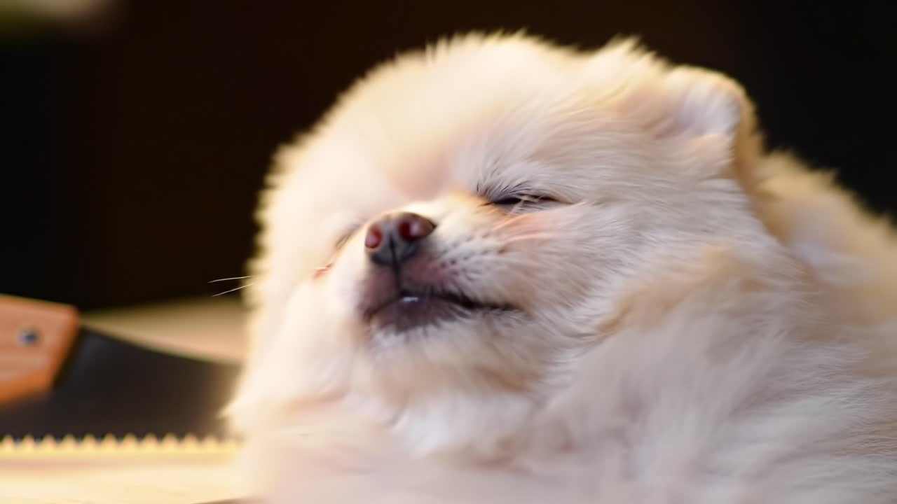 Adorable White Pomeranian Dog in Relaxed State: Captivating Close-Up of a Beautiful, Happy Pup Enjoying a Moment of Serenity and Comfort
