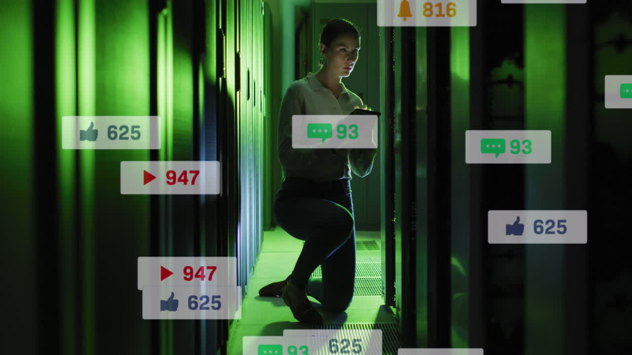 animación de iconos de redes sociales sobre una ingeniera caucásica que usa una tableta digital en la sala del servidor