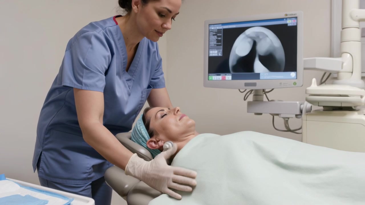 Posizionamento della sonda ecografica sul collo del paziente in sala d'esame, un clinico in divisa medica esegue una scansione per la diagnosi.
