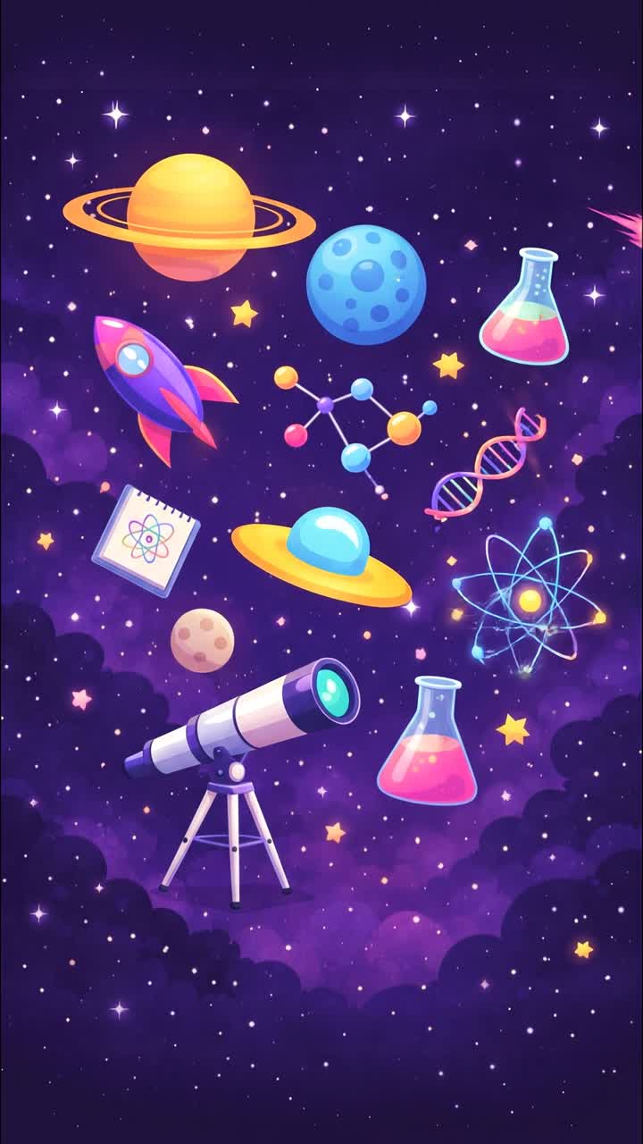Colorful cartoon science icons animation with planets rocket DNA and ...