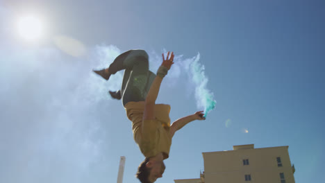 caucasian men practicing parkour