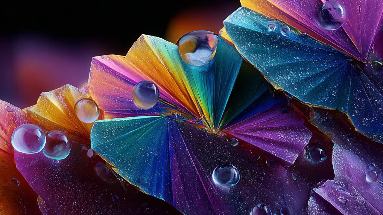 Stunning Close-Up of Colorful Crystalline Structure with Dew Drops Highlighting Intricate Patterns and Reflective Surfaces, Showcasing Nature's Artistic Design and Vibrant Hues