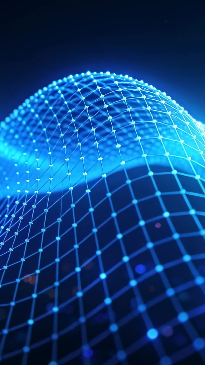 Vertical video: Pulling back camera revealing blue grid mesh in navy void, exposing pulsing ridges