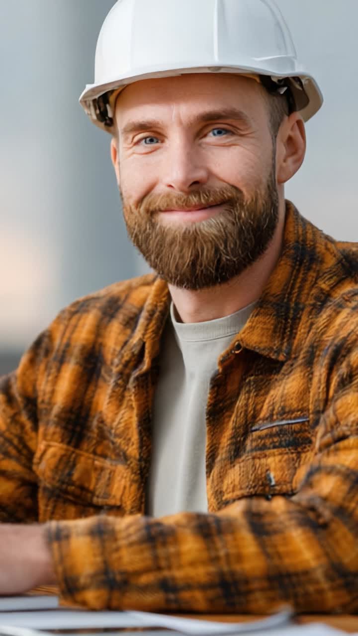 Cheerful Construction Worker in Hard Hat and Flannel Shirt Engaging with Project Plans, Showcasing Safety and Professionalism in the Workplace Environment