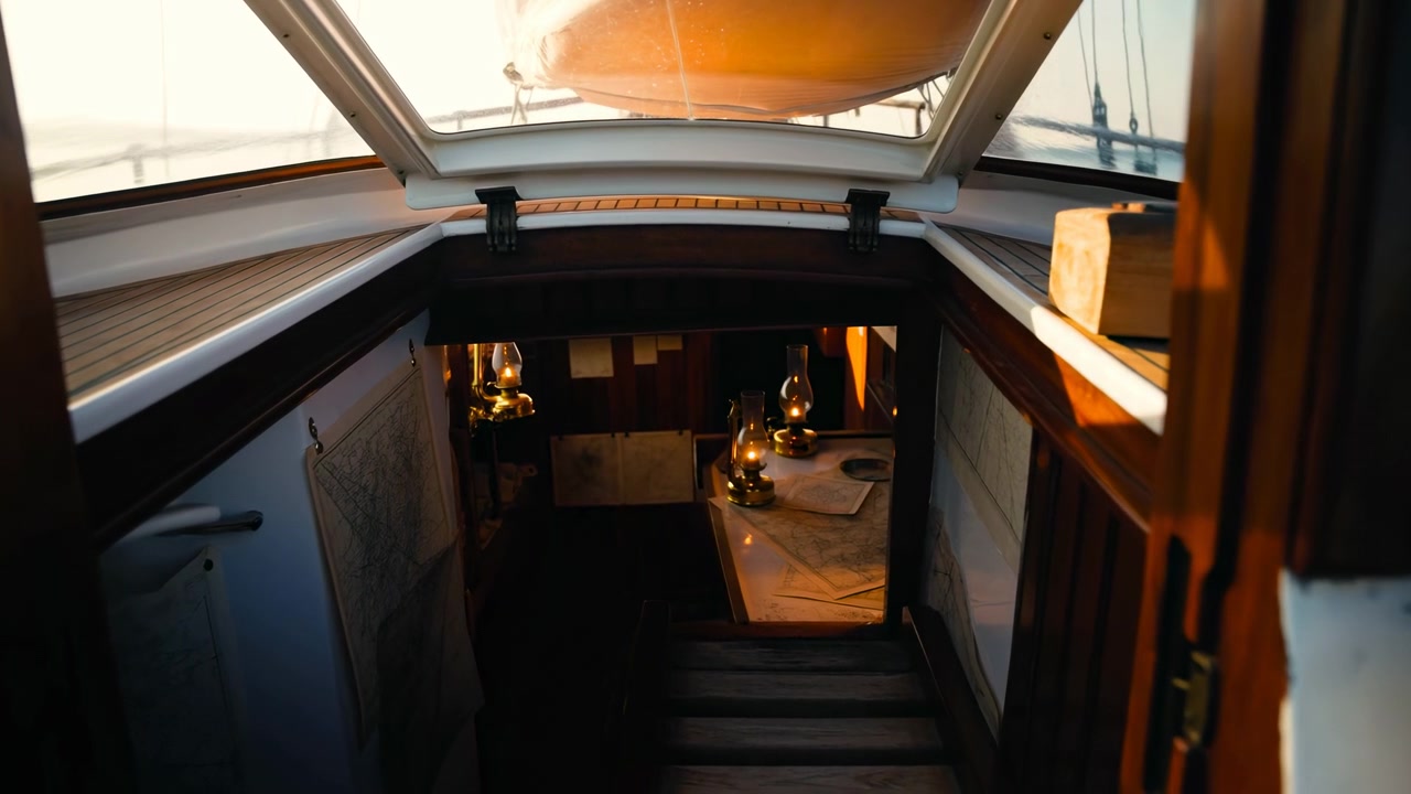 Blick auf Deckhöhe in eine klassische hölzerne Segelbootkabine durch eine offene Luke, mit warmen Lampen, Seekarten, poliertem Holz, Messingdetails, Süllrand, Seil und maritimen Texturen darunter, mit Segelboot, Kabine, Luke