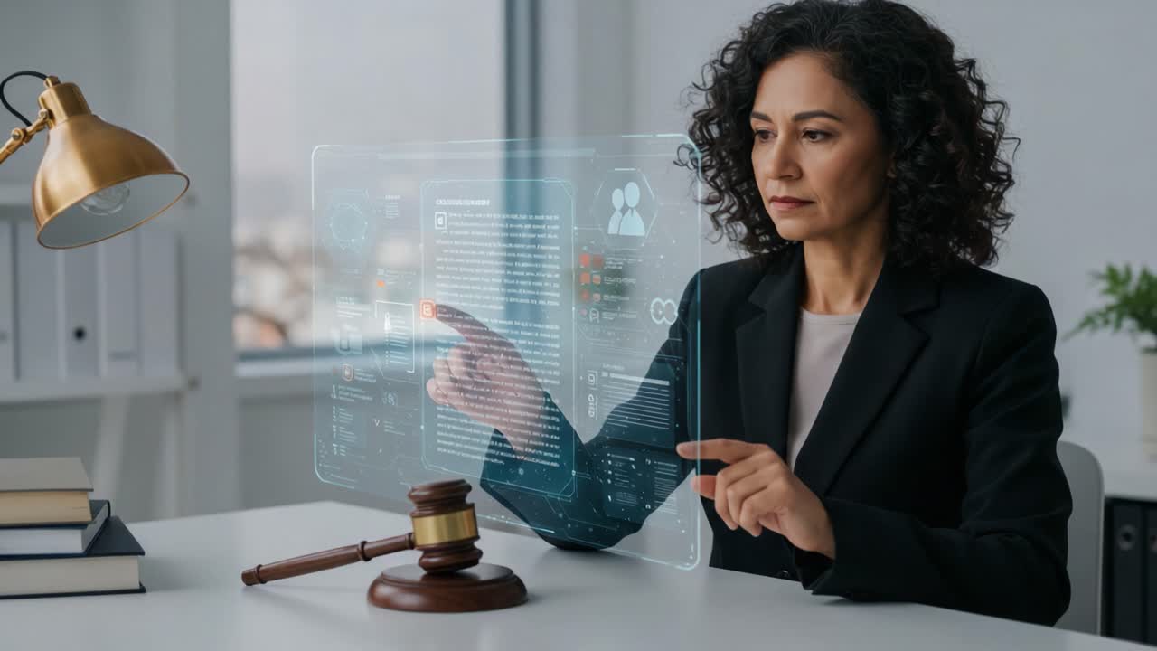 Uma Mulher Profissional Engajada com Tecnologia Avançada, Analisando Dados em uma Interface Holográfica, Representando Justiça e Inovação em um Espaço de Trabalho Moderno.