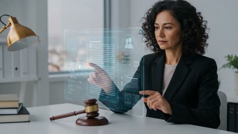 a professional woman engaged with advanced technology, analyzing data on a holographic interface, representing justice and innovation in a modern workspace