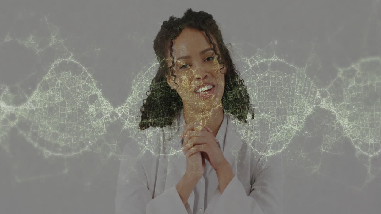 Smiling woman with curly hair overlaid by glowing DNA strand animation