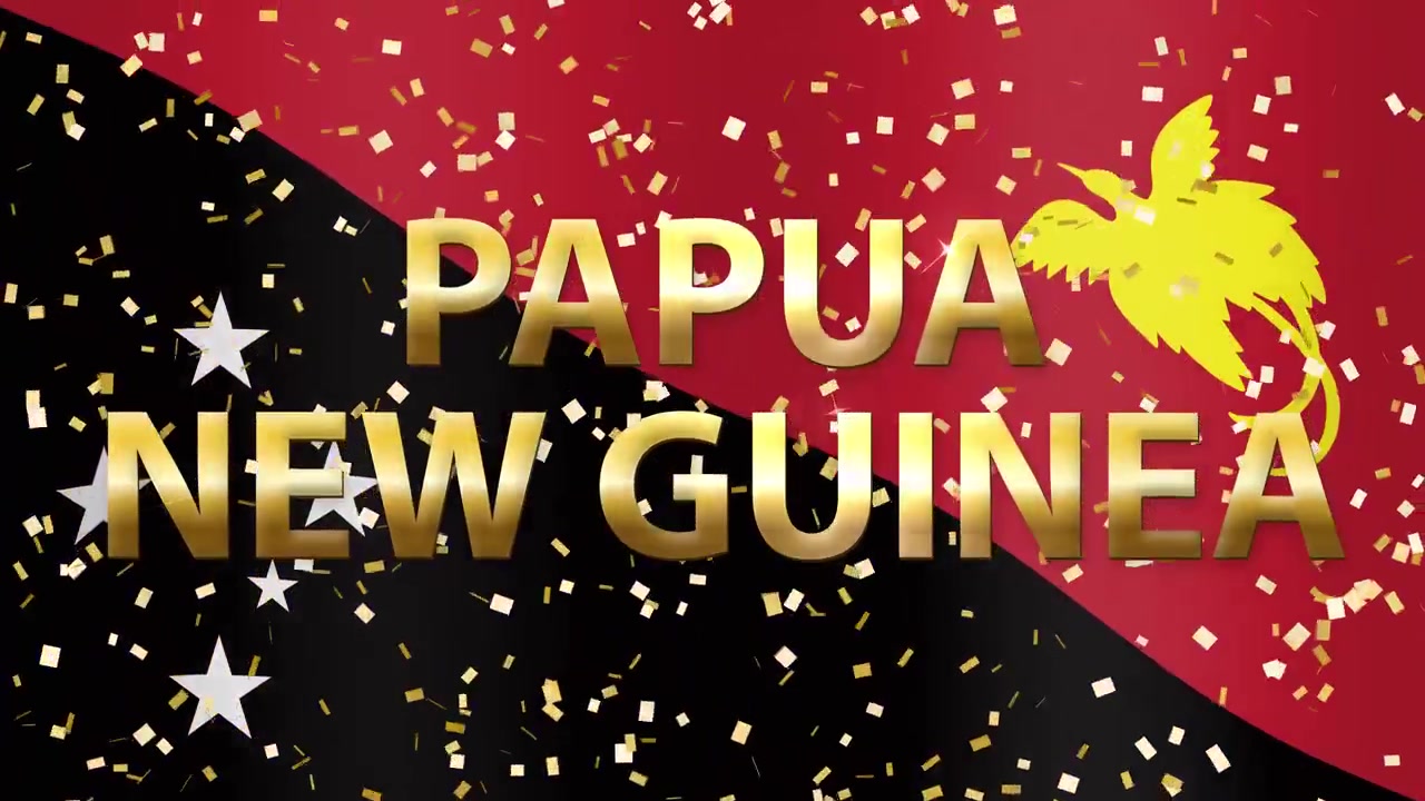 Dalgalanan Papua Yeni Gine bayrağı arka planında metalik altın rengi metin ve düşen simli konfetiler.