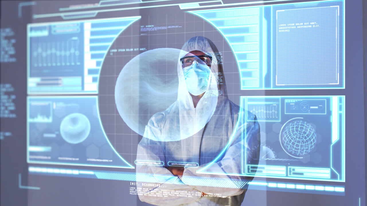 의료 데이터 처리와 함께 인터랙티브 컴퓨터 화면 뒤에 남성 과학자의 애니메이션