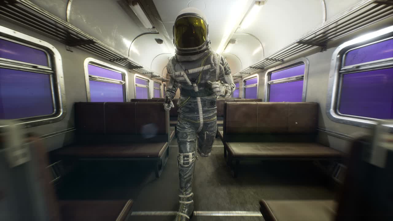 Un astronauta corre su un treno spaziale interstellare che sfreccia a velocità superluminale. Il concetto di viaggio spaziale fantasy. L'animazione in loop è perfetta per sfondi spaziali, fantasy e di fantascienza.