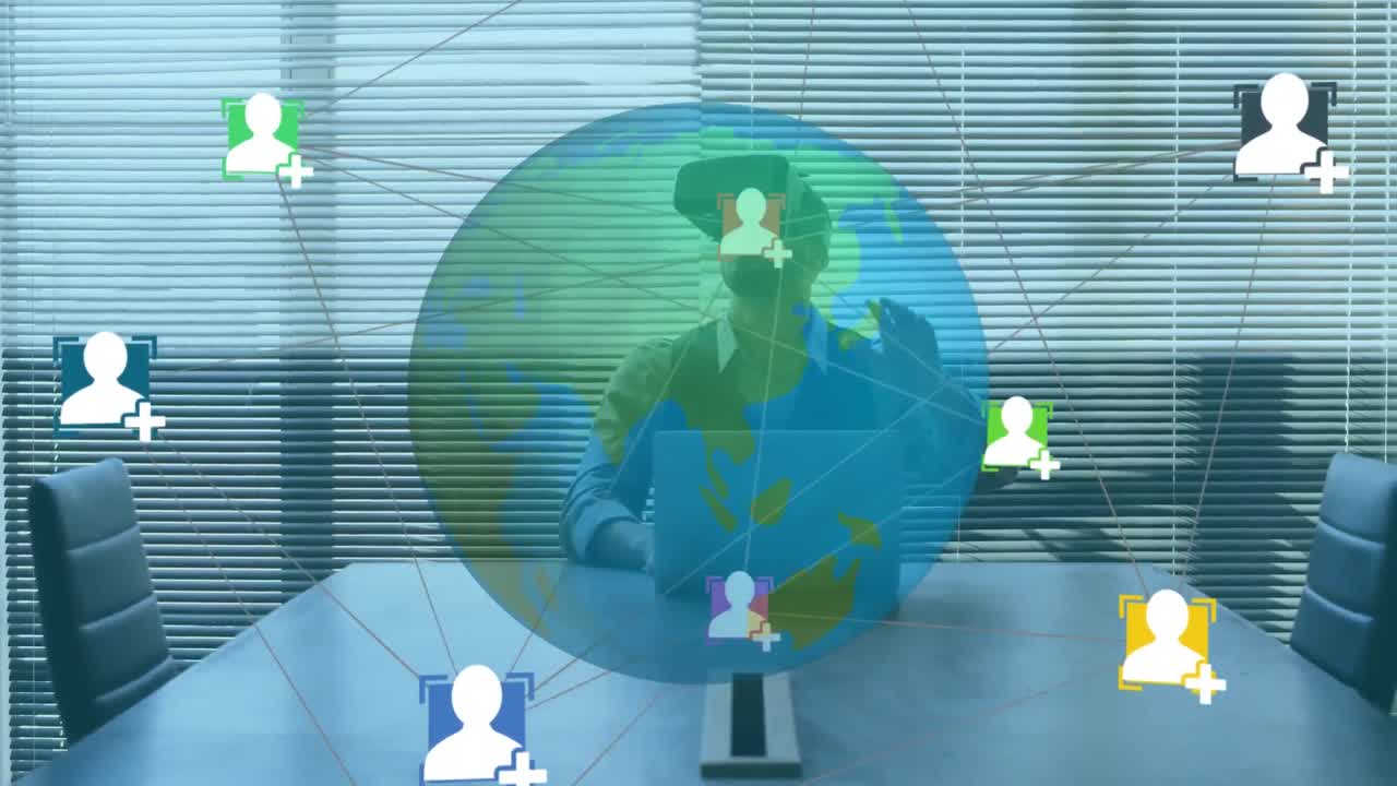 연결 아이콘의 웹과 가상 현실 헤드 ⁇ 을 사용하여 사람에 대한 회전 지구