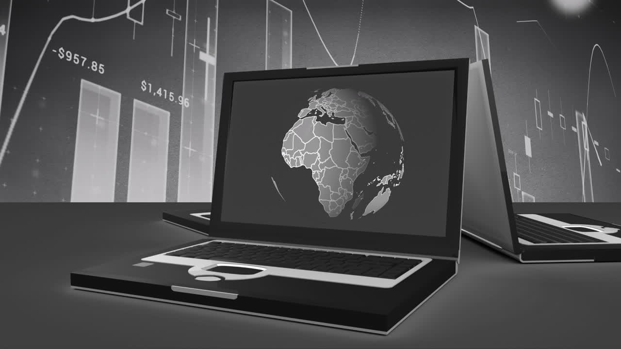 Animation of laptop with globe over graphs in grey space