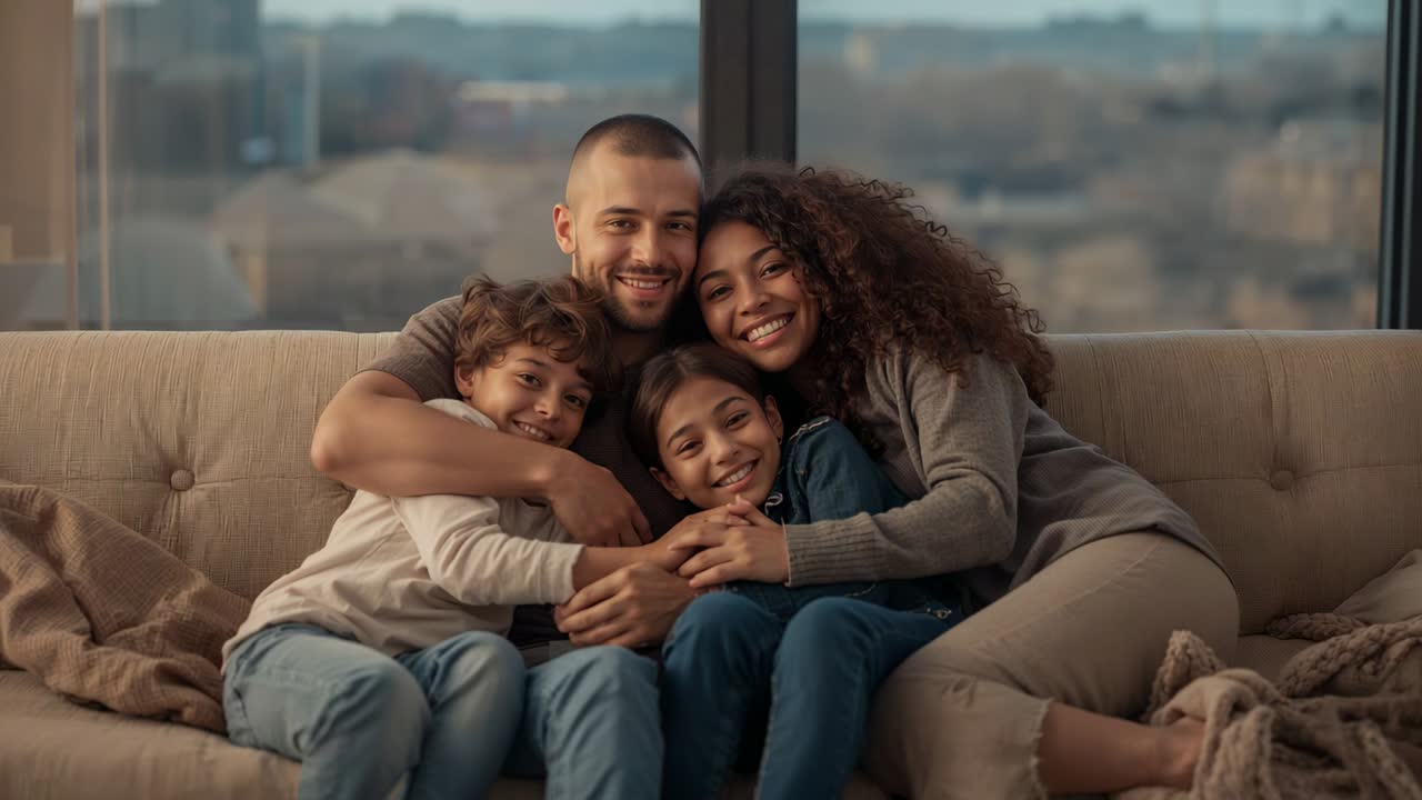 Kamera kayıttayken, hırka ve kot pantolon giymiş bir aile evde kanepede birbirine sokuluyor
