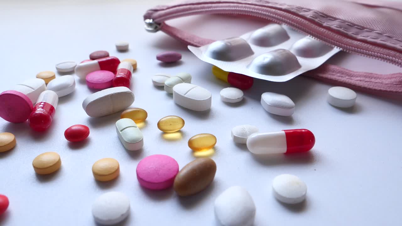 분홍색 가방에 담긴 다양한 약물