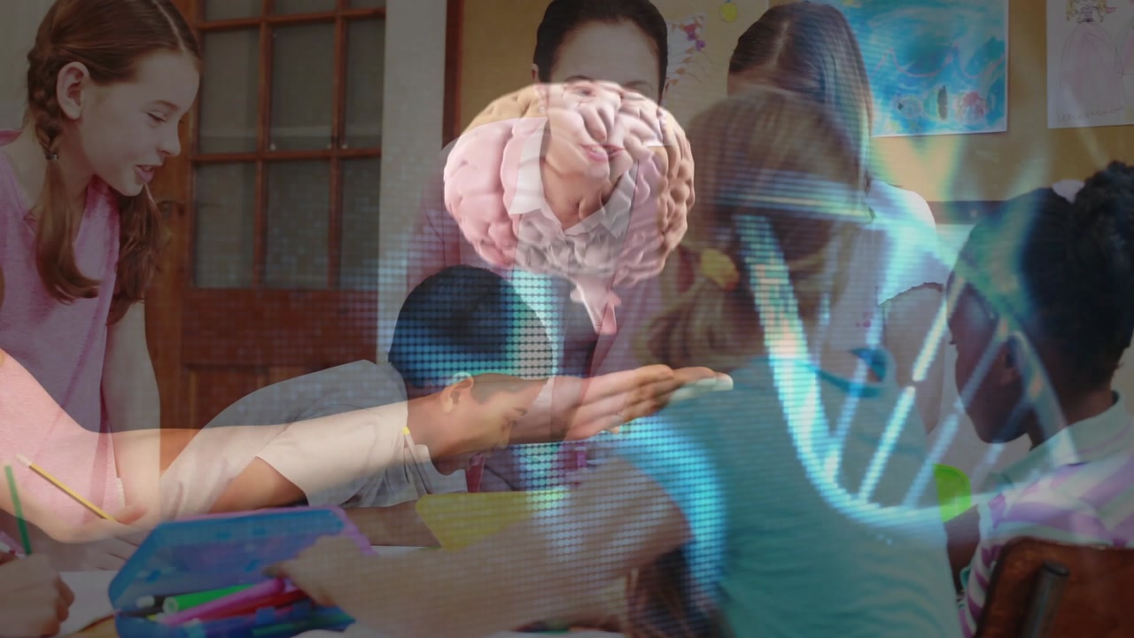 Teacher guiding kids in classroom sparking helix, 3D brain above palm, kids watching for learning