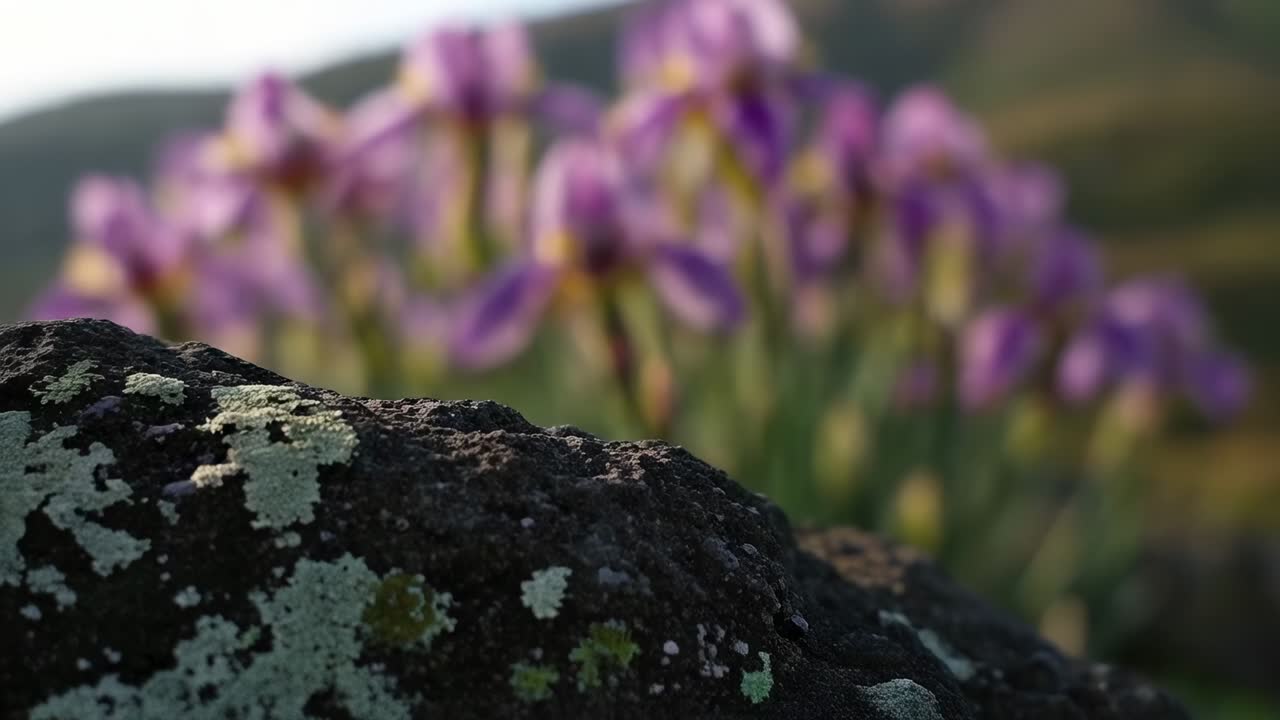 Skiftende kameravinkel som trekker fokus fra lavkledd stein til lilla markblomster i åssiden, og avslører knopper
