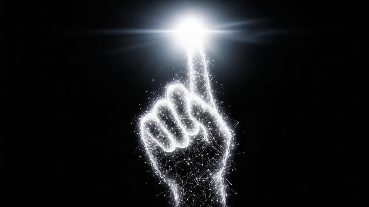 Un dedo luminoso apuntando hacia arriba, iluminado por una fuente de luz radiante, simbolizando inspiración, creatividad y la búsqueda de la innovación en un entorno oscuro