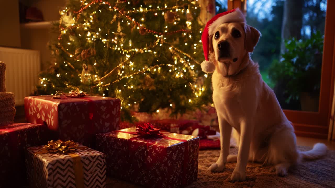 A Festive Scene Featuring a Christmas Tree Adorned with Twinkling Lights, Surrounded by Colorfully Wrapped Gifts, with a Charming Dog Wearing a Santa Hat Sitting Proudly in Front of It