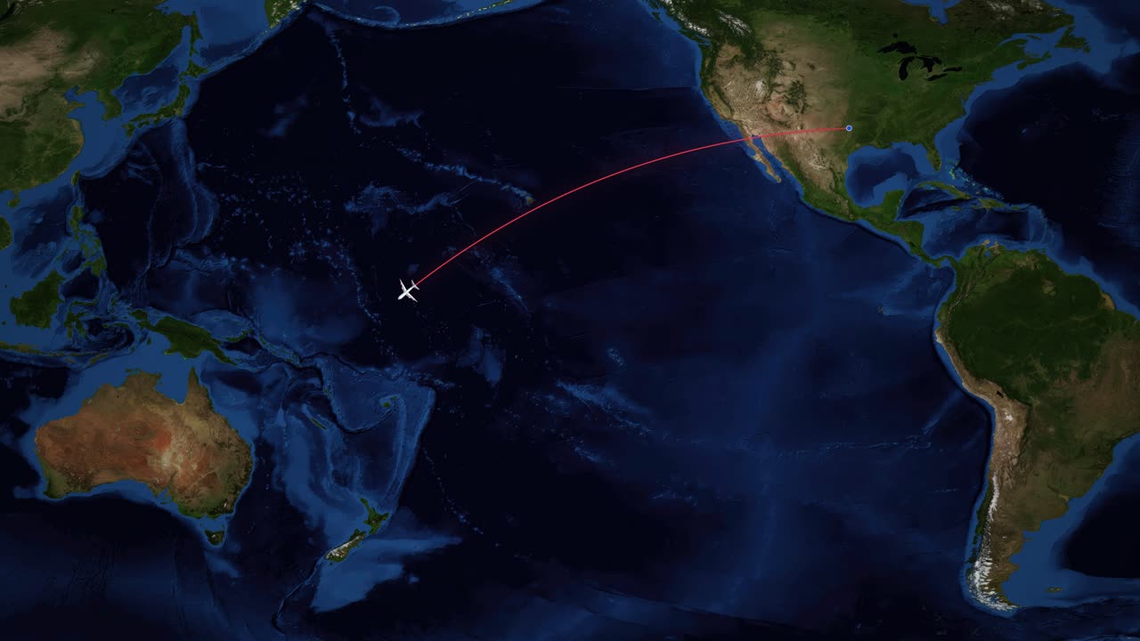 A digital world map tracks an airplane flying from Dallas to Melbourne across the Pacific