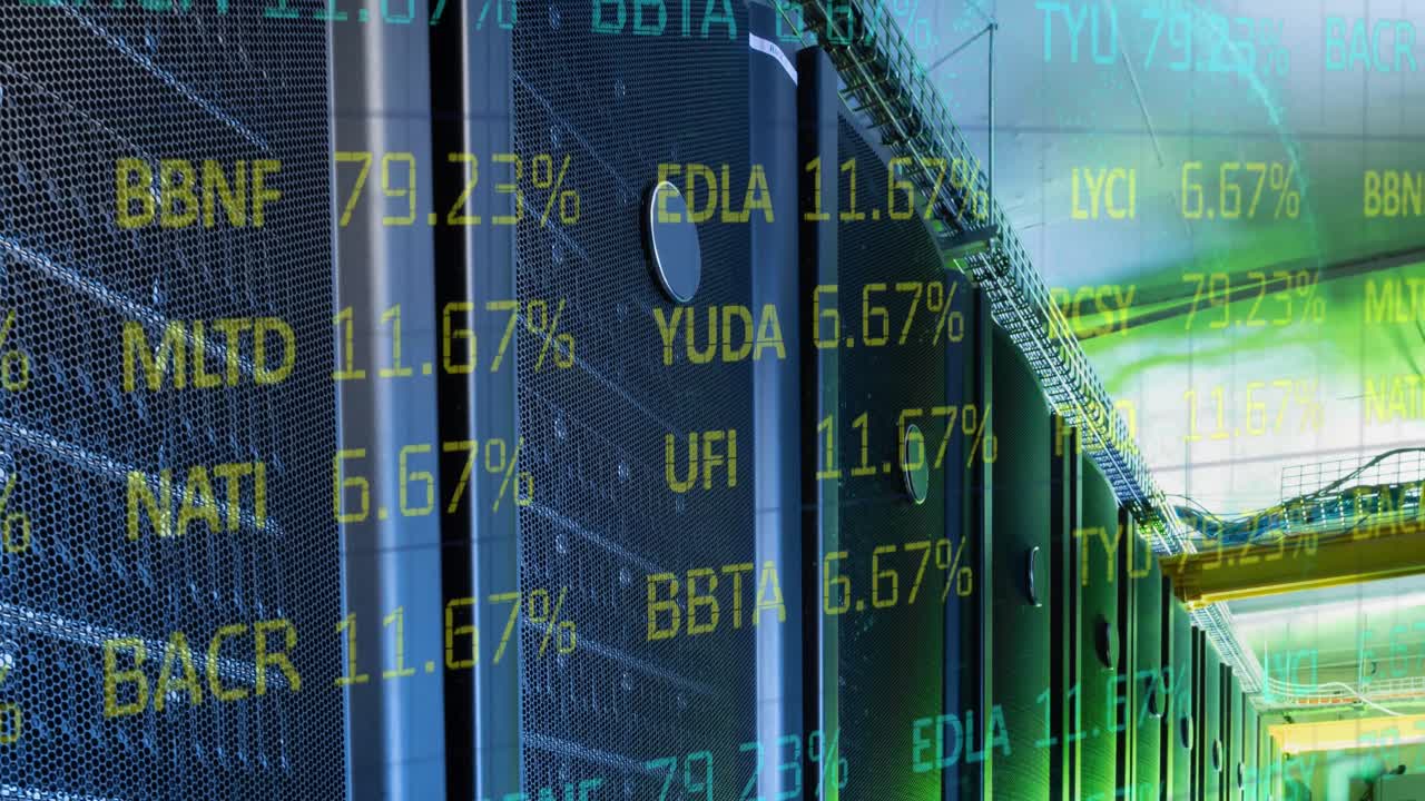 animación del procesamiento de datos financieros a través de servidores informáticos